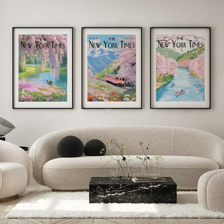 UNFFRAMED New York Times Wall Art Set Of 3, Cherry Blossom Nyt Newpaper Posters, Japanese Spring Landscape Decor, Vintage Travel New Yorker Poster Set 3 Prints 8x12