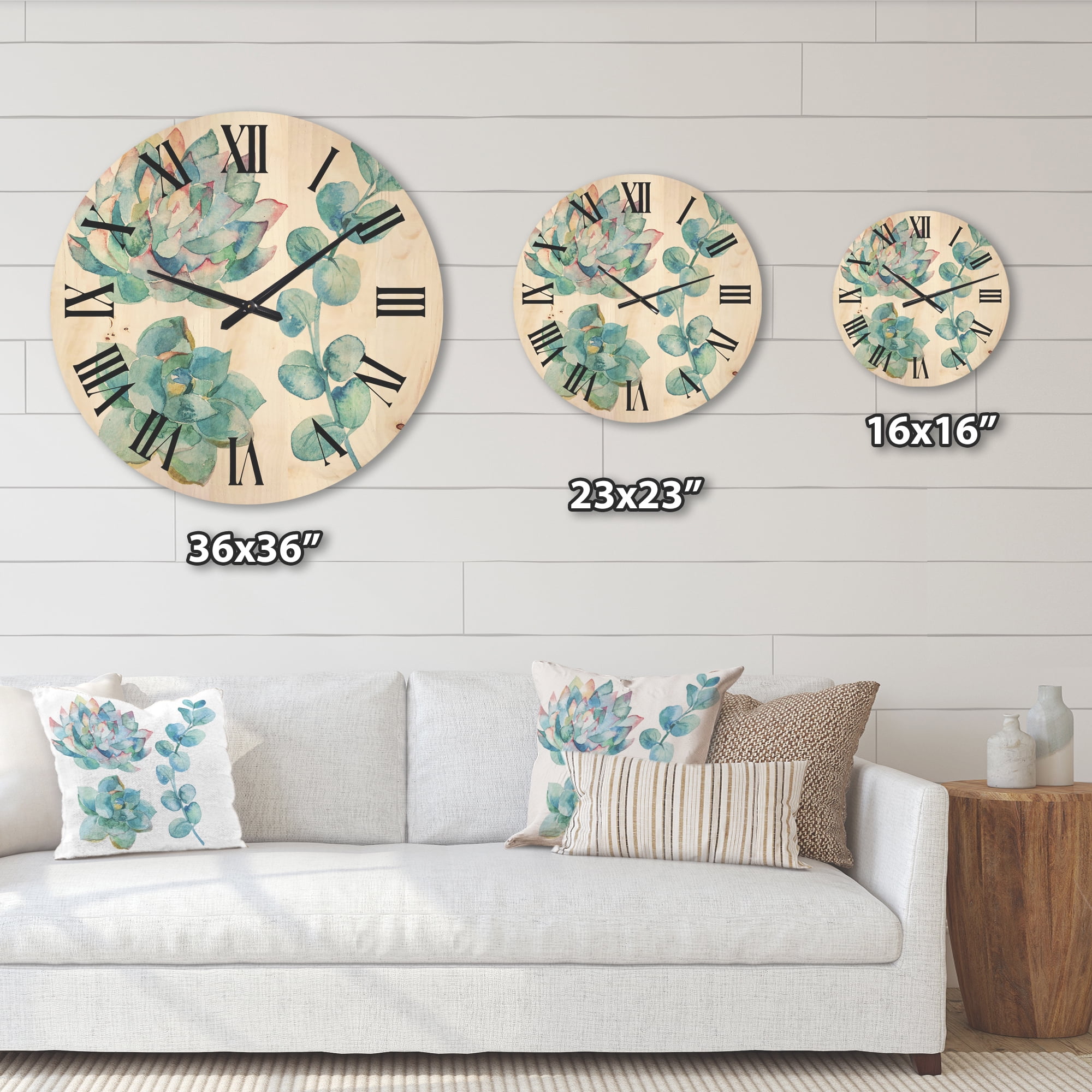 Designart 'Succulents and Eucalyptus Leaves' Traditional Wood Wall Clock