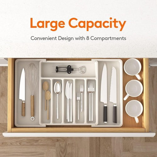 Colourtree White Utensil Organizer for Kitchen Drawers, Expandable Cooking Utensil Tray, Adjustable Cutlery Silverware Flatware Holder, Plastic Kitchen Spatula Tools and Gadgets Storage Divider