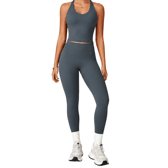 Feekit 2 Piece Workout Sets for Women, Scoop Neck Backless Criss Cross Yoga Outfit with Built-in Bra, High Stretch Quick Dry Athletic Set for Gym Running