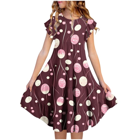 Riecok Summer Dress for 6 - 15 Year - Old Girls: Short - Sleeved Round - Neck, Easter Print, Waist - Tightening, Pocketed and Tiered Multicolor 12-13 Years