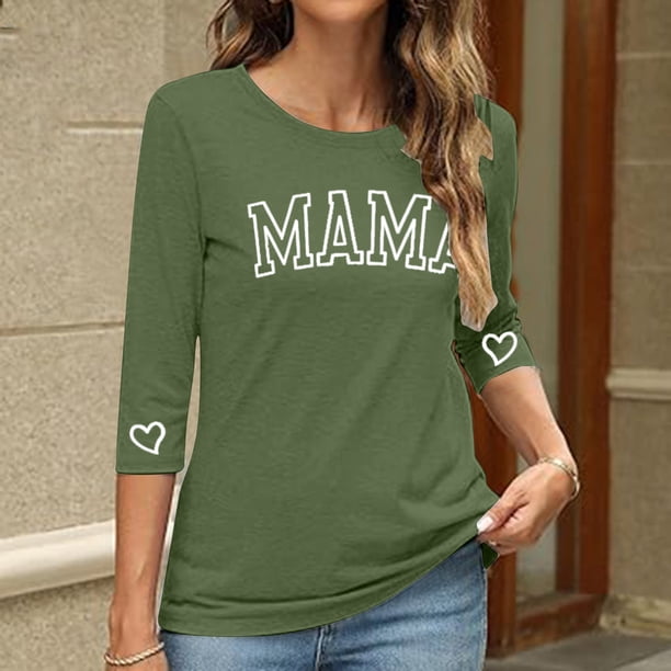Penkiiy 3/4 Manga Camisas Mama para Mujeres Carta Mama Impresión Tee Mom Regalo Camisa de manga corta Día de las Madres Tops XL Verde