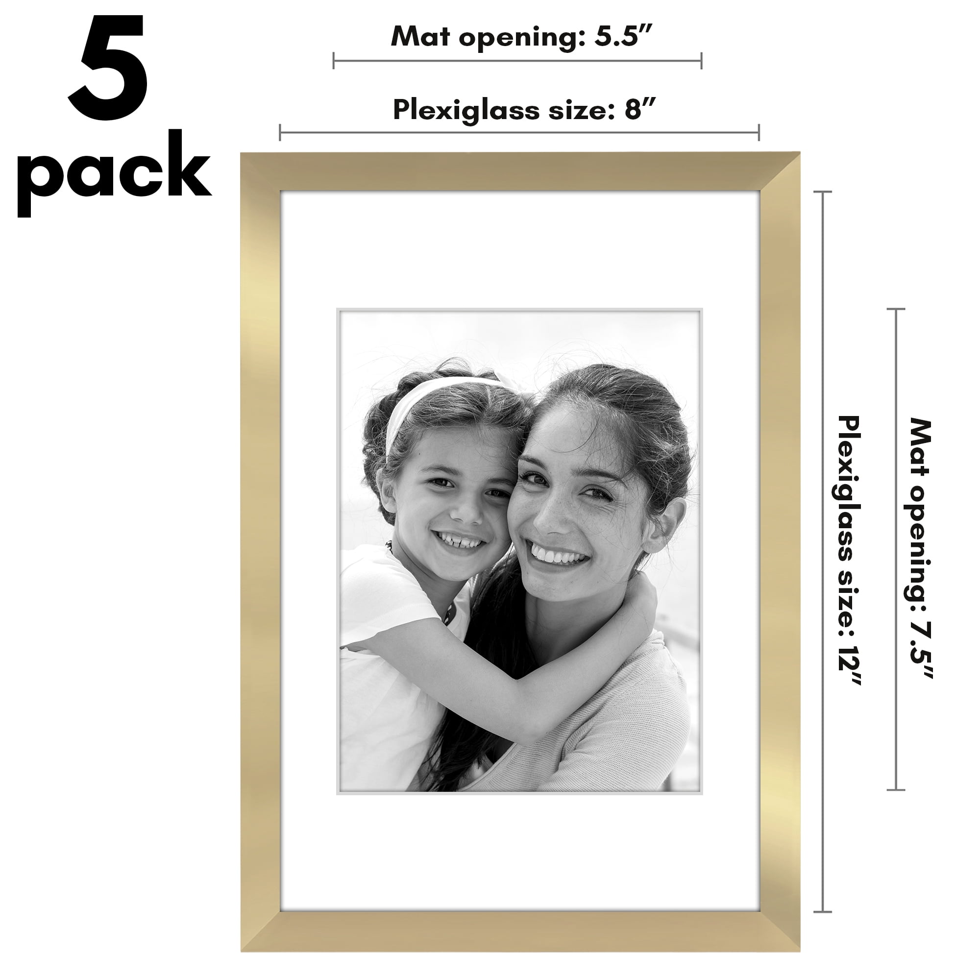 Americanflat 8x12 Picture Frame with Polished Plexiglass with 6x8 Mat 5 Pack Display Photo Galleria - Gold