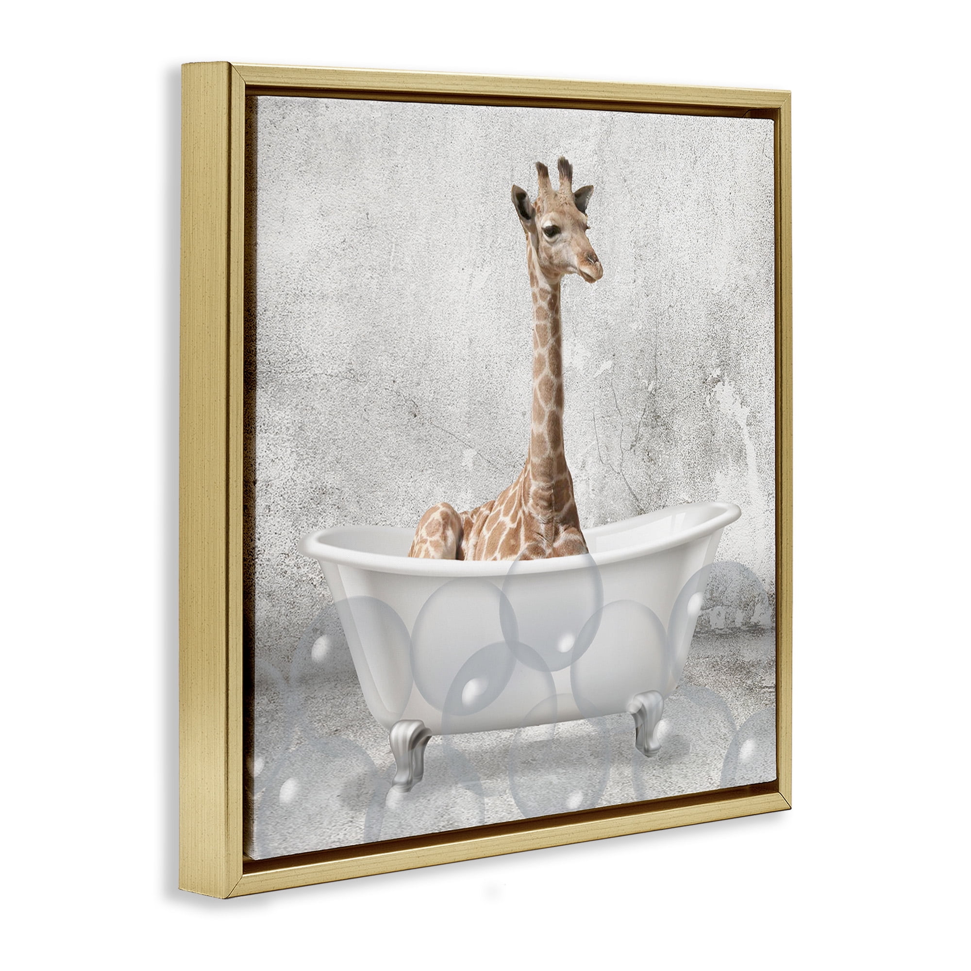 Stupell Industries Baby Giraffe Bath Time Animals & Insects Painting Gold Floater Framed Canvas Art Print Wall Art, 25 x 25
