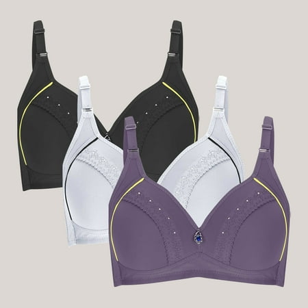 Seamless Bra No Underwire Comfort Push Up Bras Embroidered Bralette 3 Pack Wireless Bras Support and Lift Bralette Everyday Underwear for Seniors Flash Deals of The Day Clearance Multicolor 40