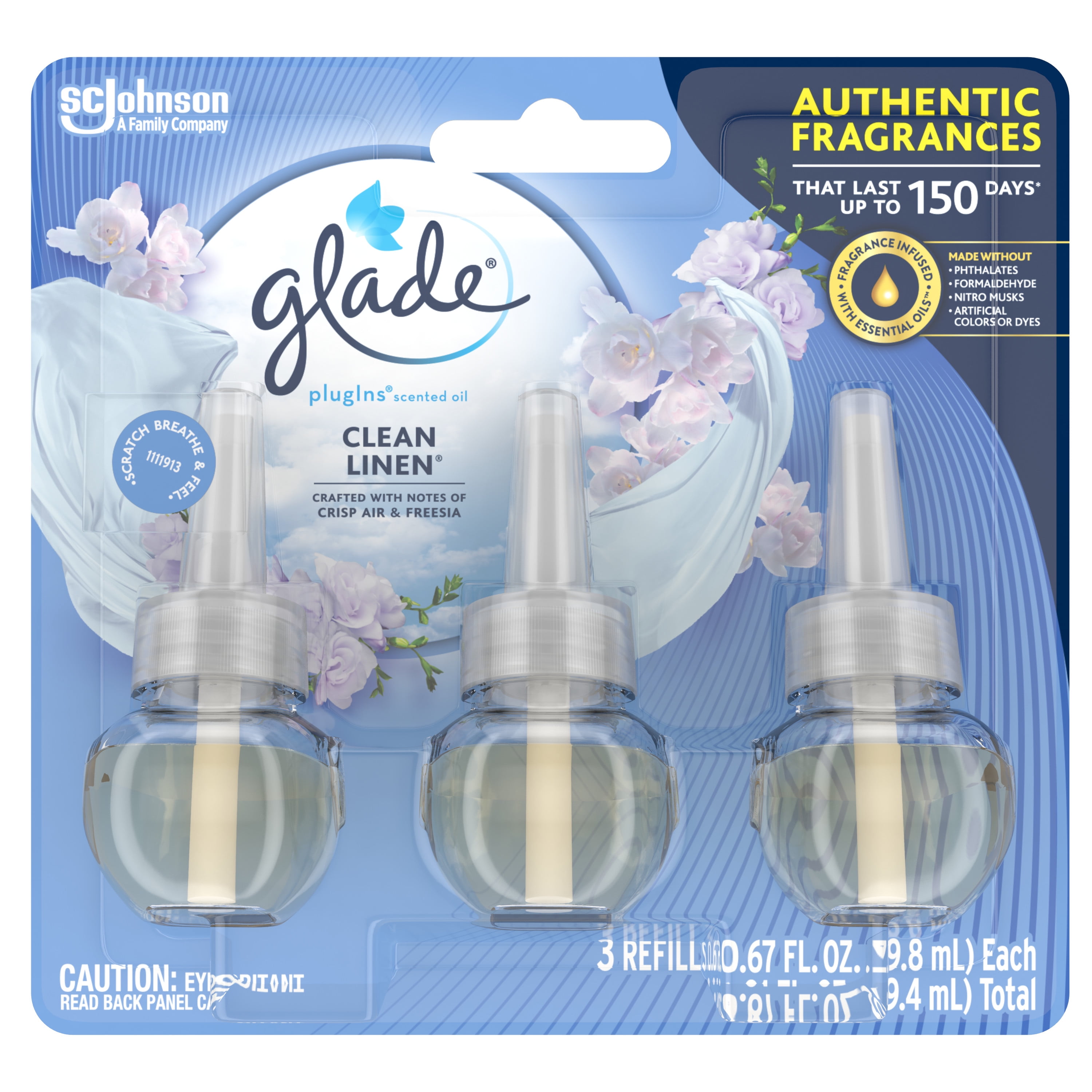 Glade PlugIns Scented Oil Refill Clean Linen, Essential Oil Infused