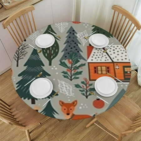 

Tllo0ord Fitted Round Tablecloth Animals deer fox bird ski animals Table cover Elastic Edged Table Cloth Fits Round Tables 46-50