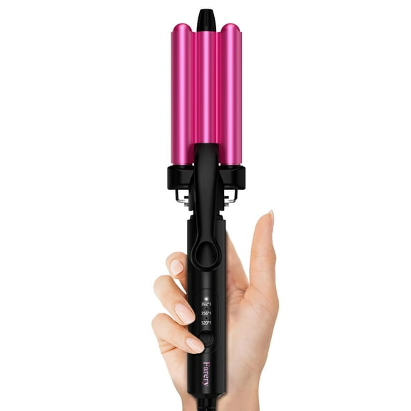 FARERY Mini Hair Crimper 3 Temperature Adjustable, 3 Barrel Curling Iron for Short Hair, Pink
