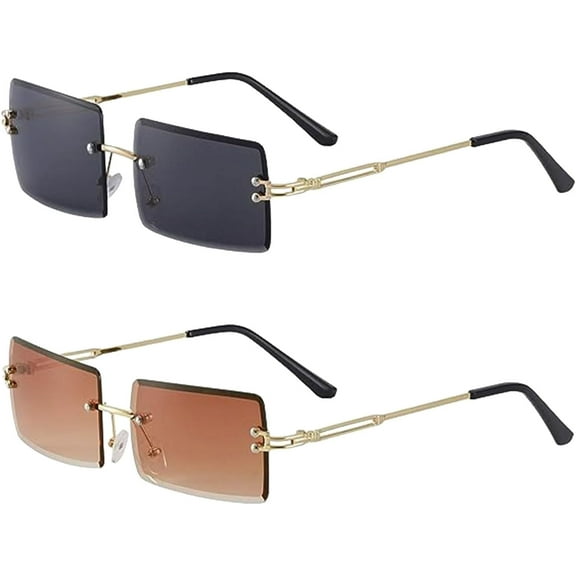 2 Pieces Retro Square Rimless Sunglasses for Women Men Fashion Frameless Eyewear Gradient Vintage Rectangle Transparent Glasses Ultra Lightweight Sunglasse for Beach Travel Party