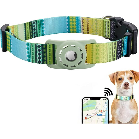 AirTag Dog Collar, Compatible with Apple 2021, Polyester Pet Cat Puppy Collar Silicone Holder for Small, Medium, Large, and Extra Large Dogs, Bohemia Green, S: 9.8'-15.7' Neck