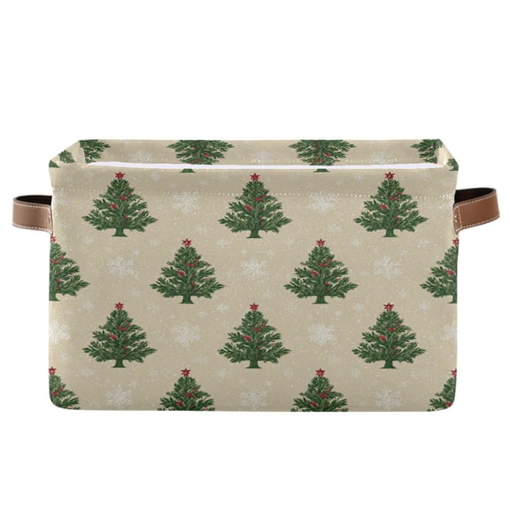 1-Pack Square Closet Organizers with Handles Open Basket Bins Motifs Christmas Tree Pattern Storage Basket for Home Office