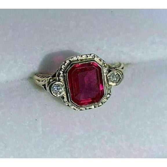 3Ct Emerald Lab-Created Red Ruby 14k Yellow Gold Plated Engagement 3-Stone Ring For Women's 925 Silver