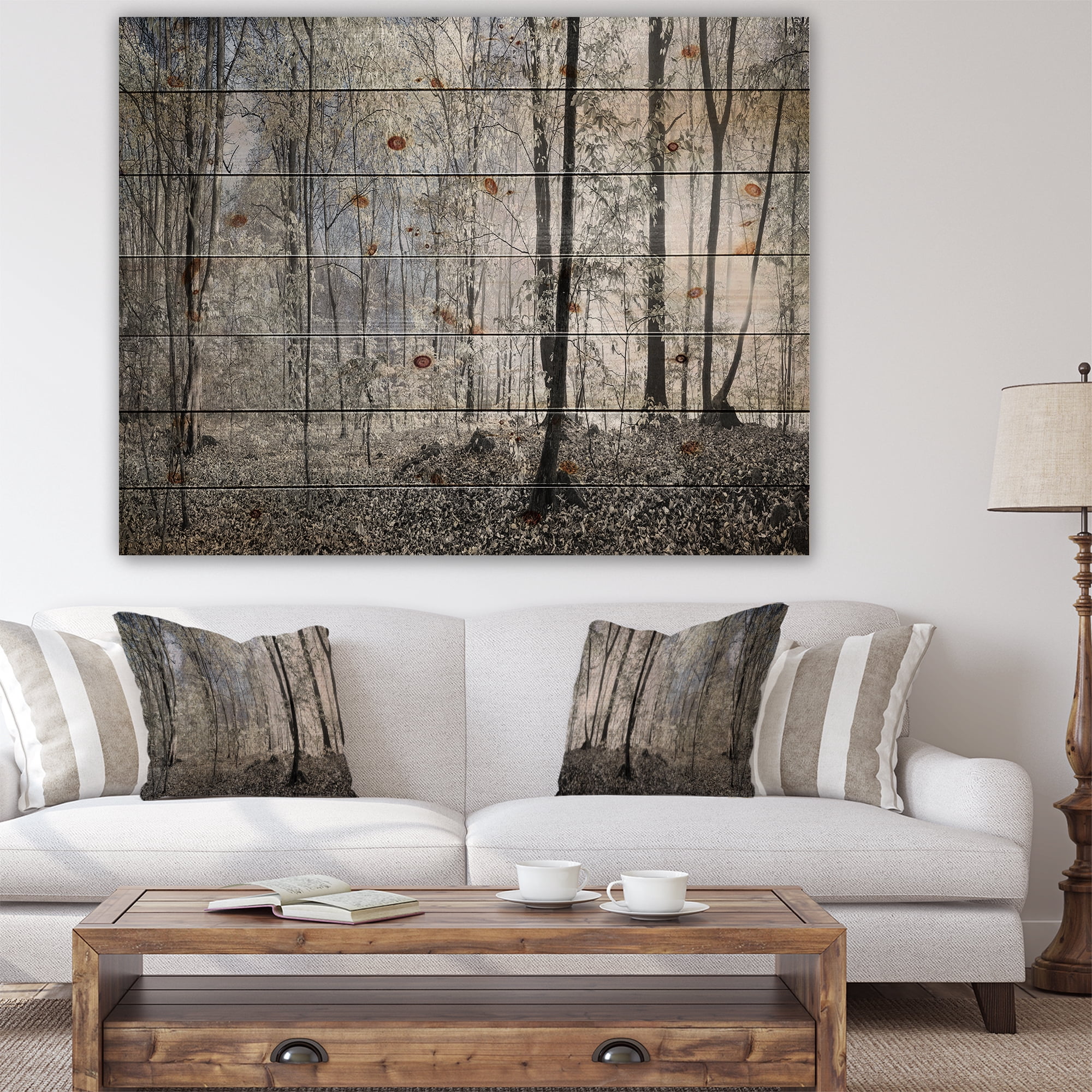 Designart 'Dark Morning in Forest Panorama' Landscape Print on Natural Pine Wood