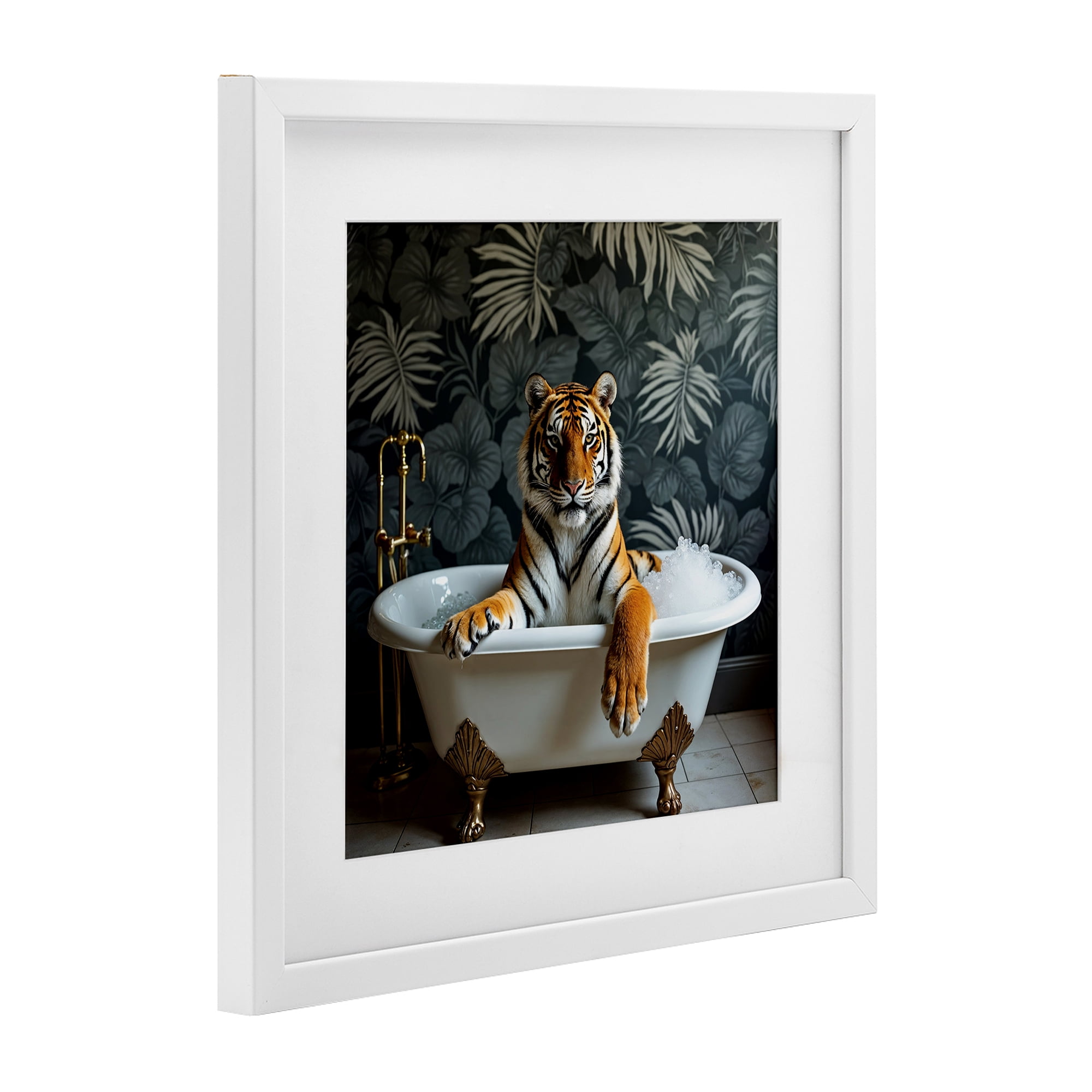 Tiger in Exotic Bubble Bath White Framed Print Under Glass, design by Lettered and Lined