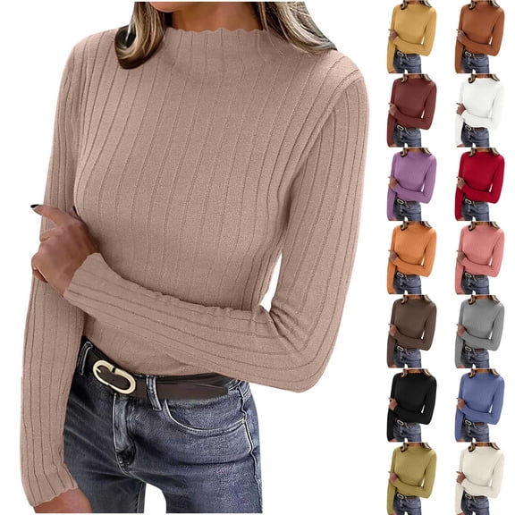 YHAJDS Blouses for Women Long Sleeve Shirts Turtleneck Long Sleeve Ribbed Knit Slim Warm Layering Base Tops