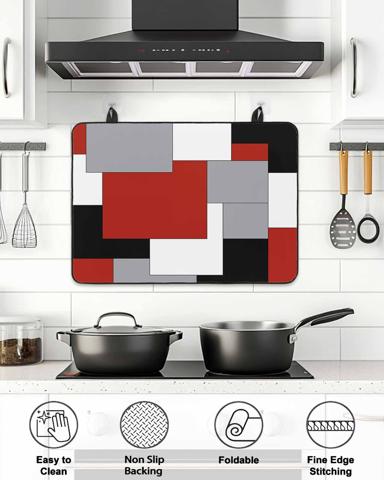 Stove Top Covers for Electric Stove, Red Grey Black Geometric Glass Stovetop Cover Protector, Middle Century Modern Art Abstract Induction Cooktop Protector Oven Mat for Kitchen Countertop 24"x21"