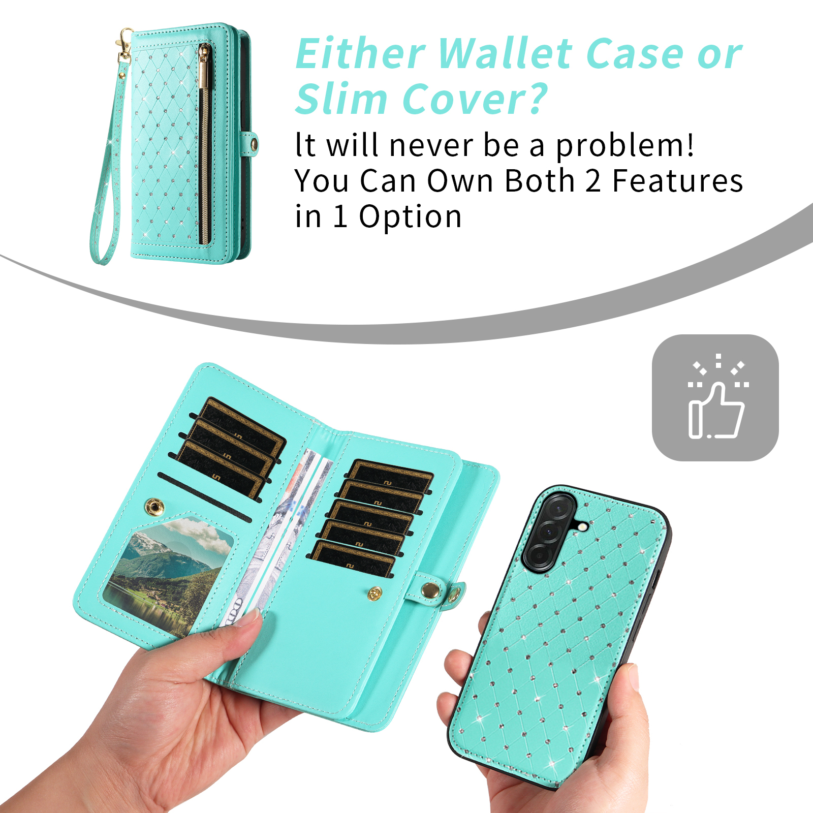 Asuwish Phone Case for Samsung Galaxy A16 5G/4G Zipper Wallet Detachable Cell Cover with Tempered Glass Screen Protector Crossbody Lanyard Strap Bling Glitter Flip Card Holder Slot SM-A 16 16A Green