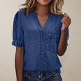 thumbnail image 2 of Womens Plus Size Shirts Oversized Tshirts for Women Casual Denim V Neck Short Sleeve Button Down Shirt Plus Size Tops Blue 2XL, 2 of 6