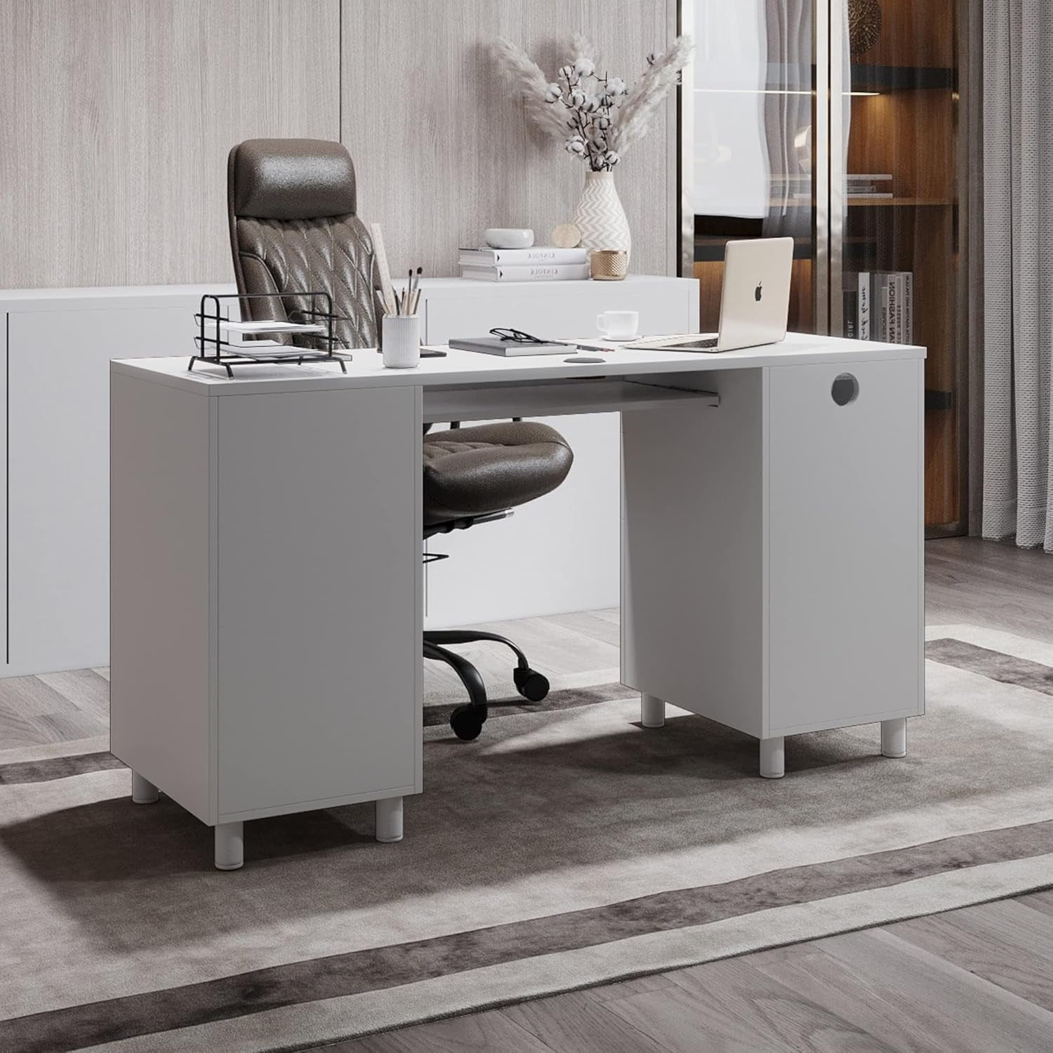 Modern Design Venice Computer Desk Great for Home Office Desk by Crafts and Comfort - 3 Drawers and CPU Storage Cabinet - Laptop Workstation with Keyboard Tray and Cable Hole - White