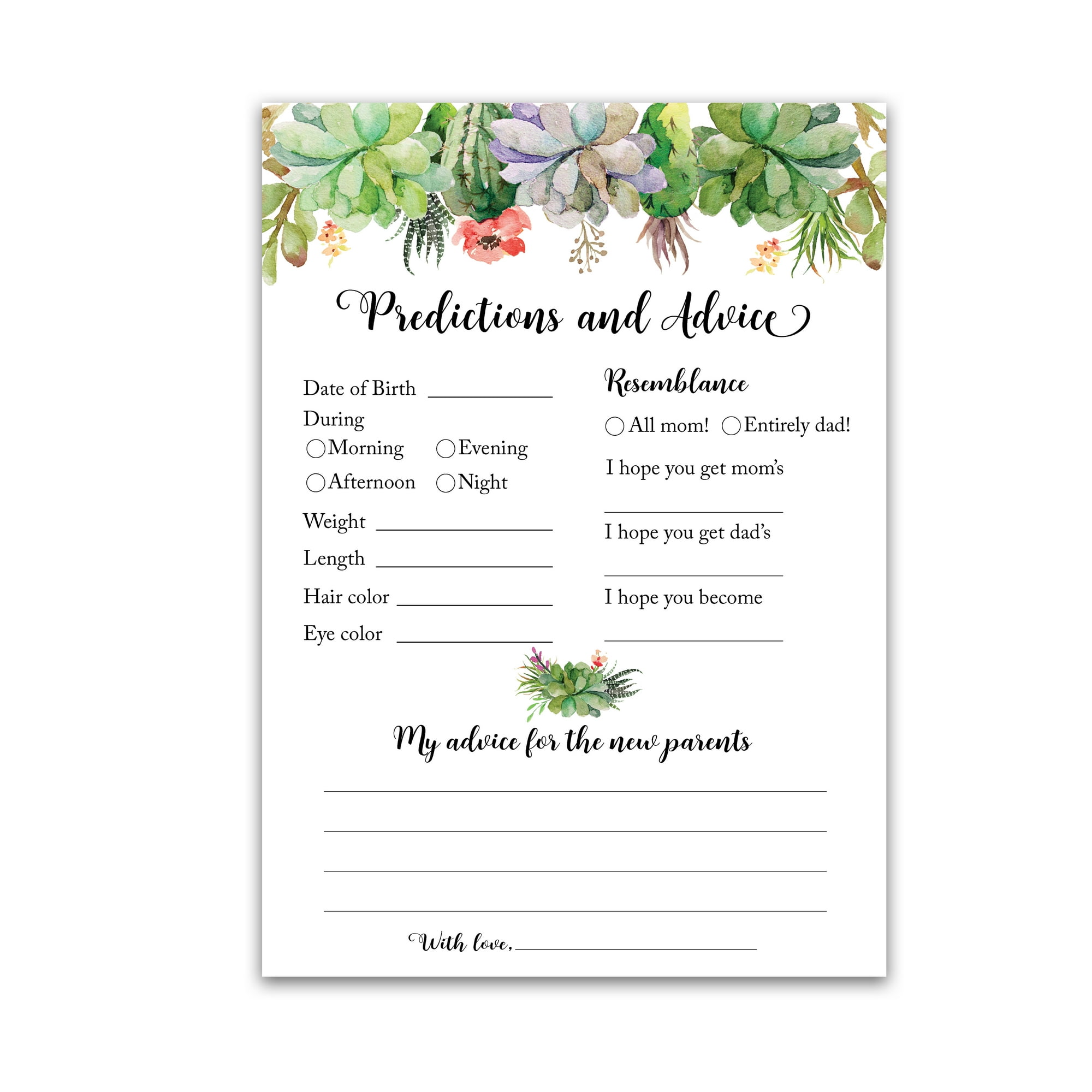 SUCCULENTS Prediction and Advice Cards - Pack of 25 - GENDER NEUTRAL Baby Shower Games, New Parents Mom & Dad to be Mommy & Daddy Message, GREENERY Couples Shower Activity Keepsake Book G300-PDAV
