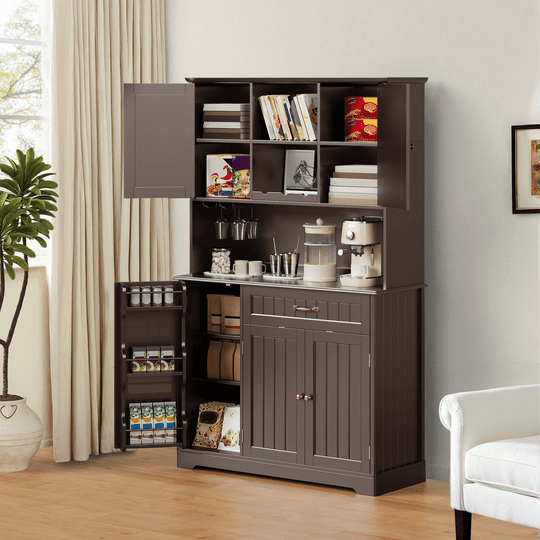 Aiho 67" Kitchen Pantry Storage Cabinet with Doors & Shelves, Modern Buffet Cabinet with Microwave Stand, Tall Hutch Cabinet for Kitchen, Dining Room - Dark Brown