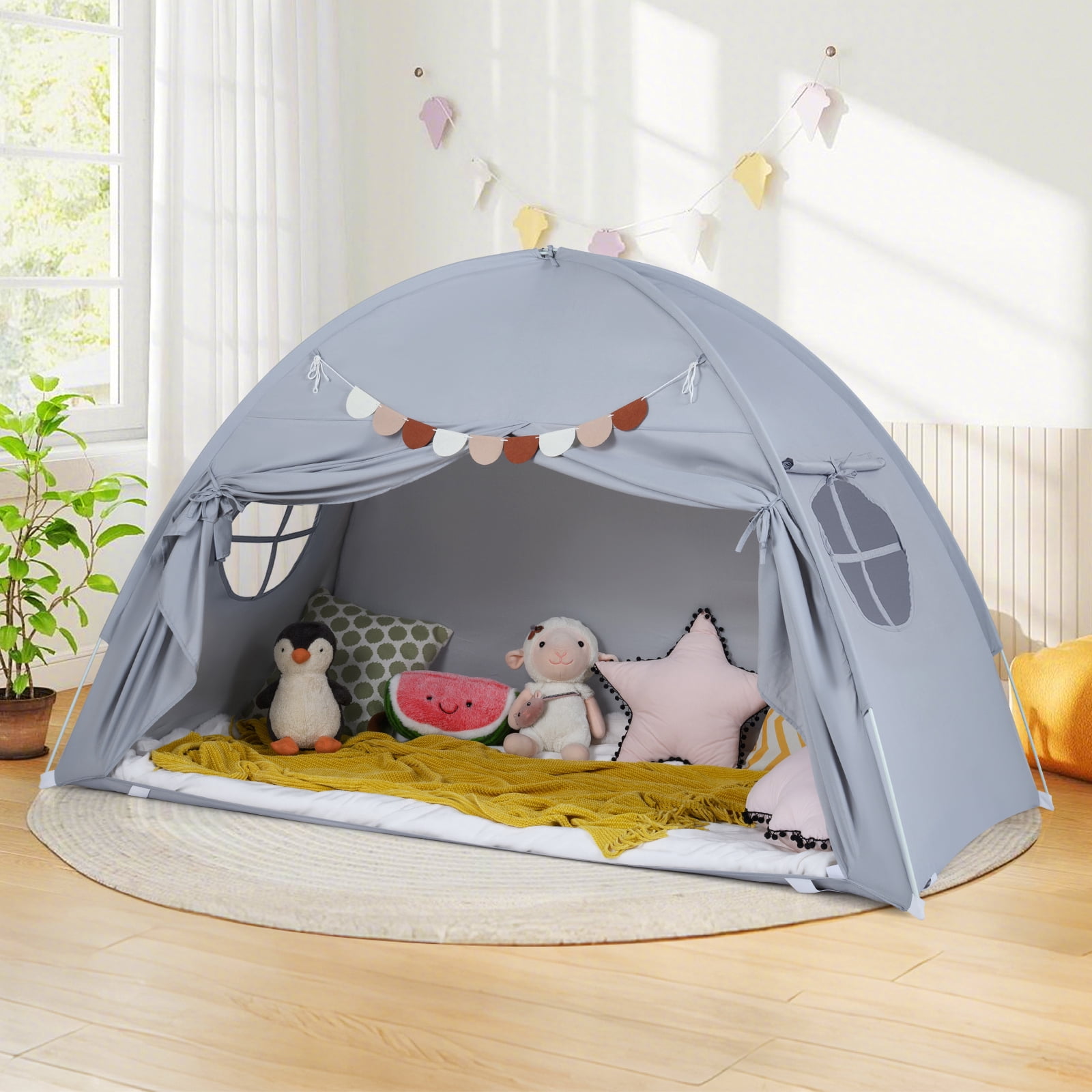 Gymax Twin Full Size Bed Tent w/2 Windows Flags for Boys & Girls Aged 3+ Years Old Grey