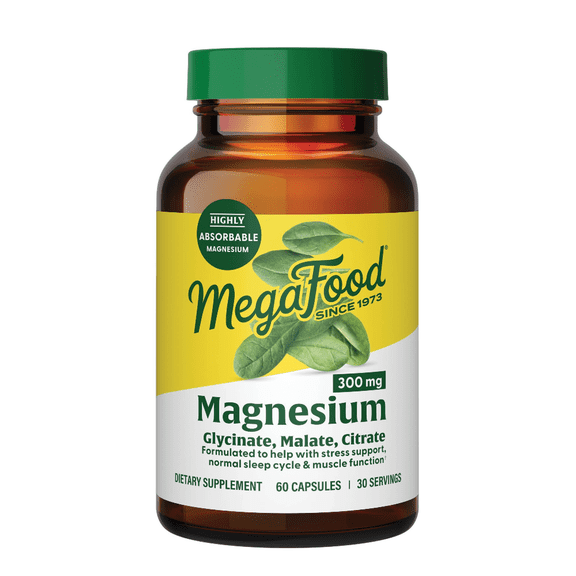 MegaFood Magnesium 300mg - Glycinate, Citrate, Malate - Heart, Nerve Health - 30 Servings