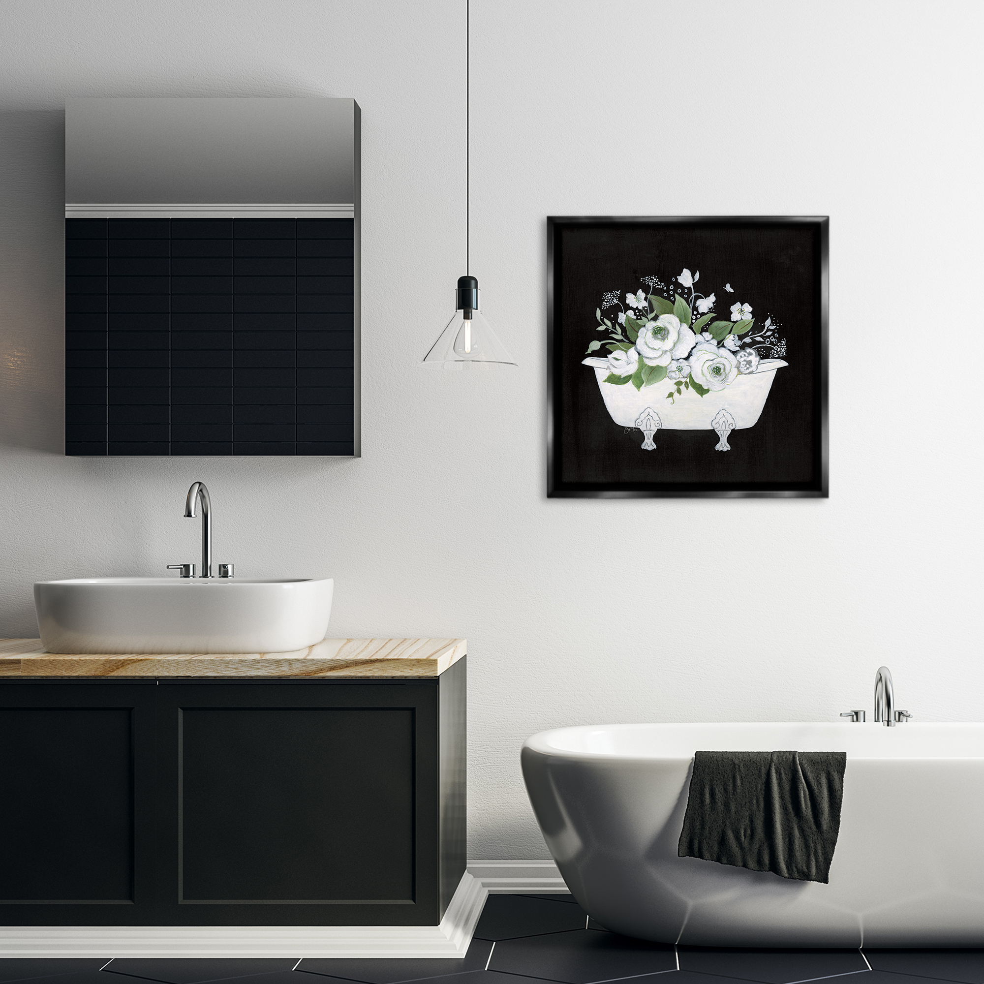 Stupell Industries White & Black Bath Typography Painting Black Floater Framed Canvas Art Print Wall Art, 25 x 25