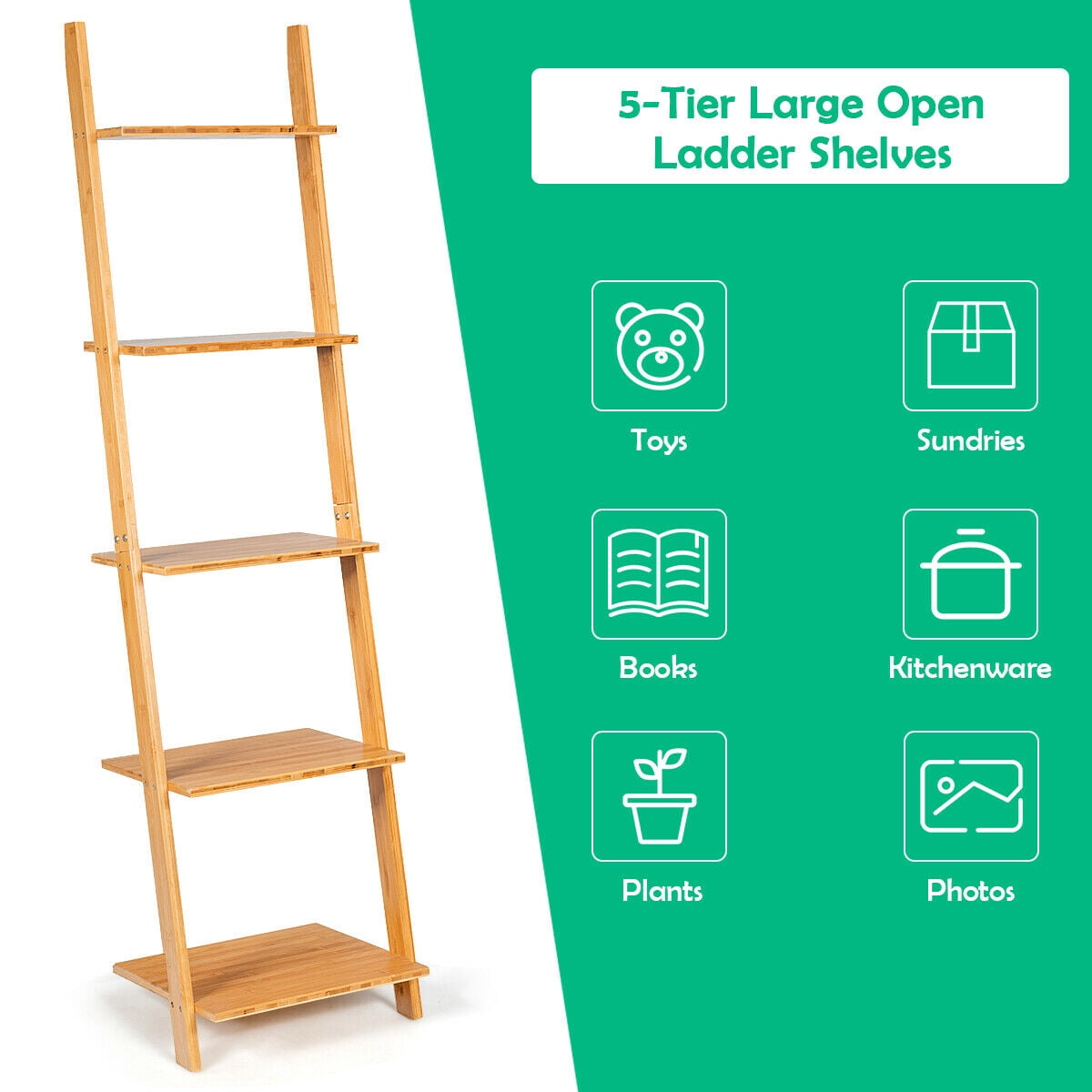 Gymax 5-Tier Ladder Shelf Modern Ladder Bookcase Open Display Bamboo Leaning Bookshelf