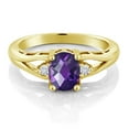 thumbnail image 2 of 18K Yellow Gold Plated Silver Purple Amethyst and White Moissanite 3 Stone Engagement Ring for Women | 1.28 Cttw | Oval Checkerboard 8X6MM | Round 2MM | Gemstone February Birthstone | Size 7, 2 of 5