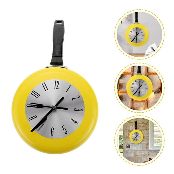 KALLORY Vintage Yellow Frying Pan Shape Kitchen Wall Clock, Easy Installation, Decorative Home Wall Clock Set