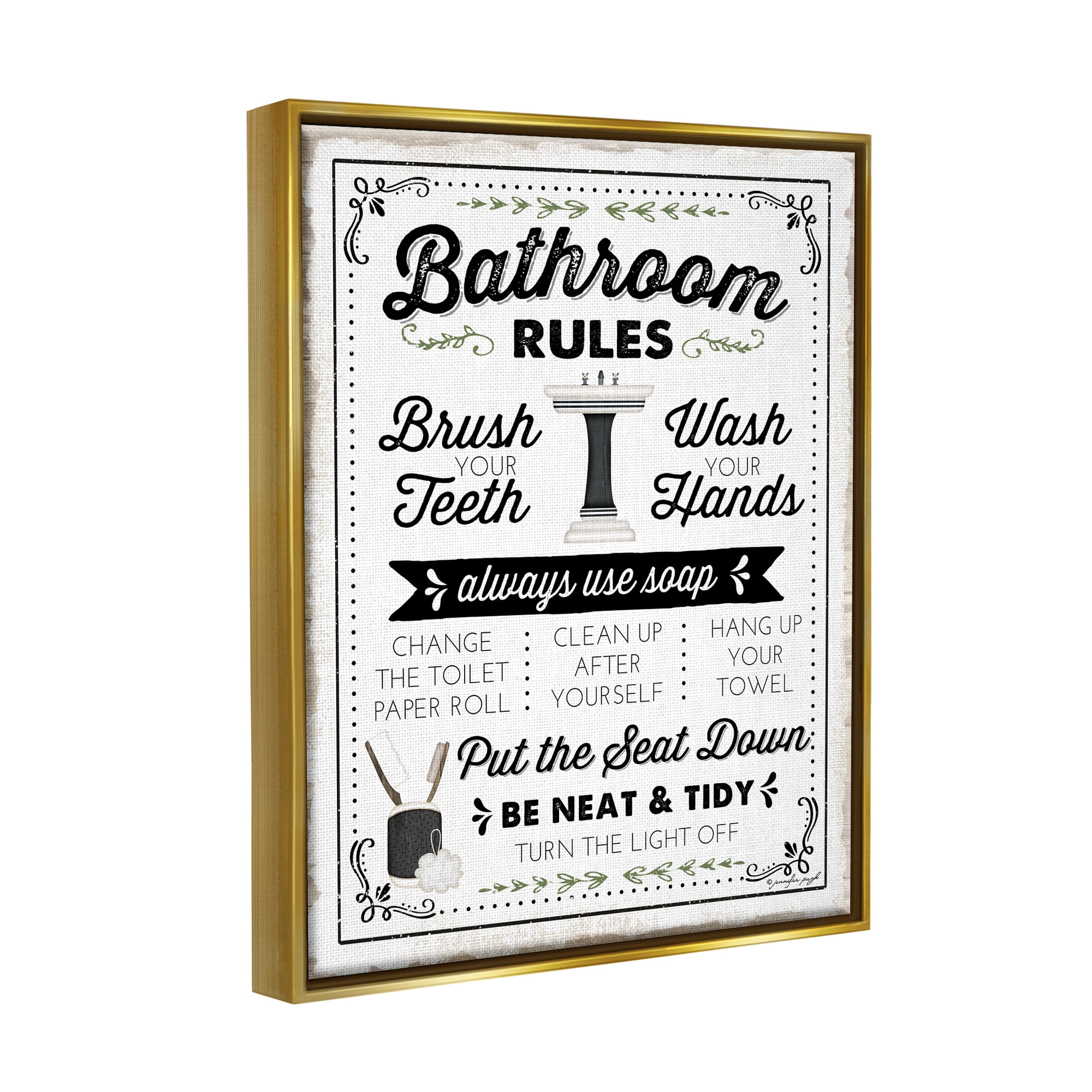 Stupell Industries Bathroom Rules Vintage List Typography Painting Gold Floater Framed Art Print Wall Art