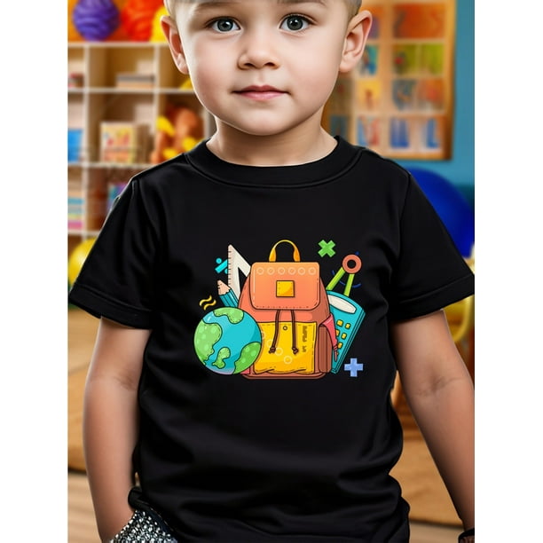 Boys' Back-to-School Cartoon Print T-Shirt - Short Sleeve Round Neck Casual Top with Playful Pencil & Globe Design, Machine Washable All Season Playwear for Youngsters, Backtoschool Apparel