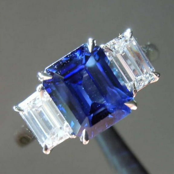 2.84 Ct Emerald Cut Genuine Blue Sapphire Diamond Beautiful Three Stone Ring for Wedding 14K White Gold Size 4.5