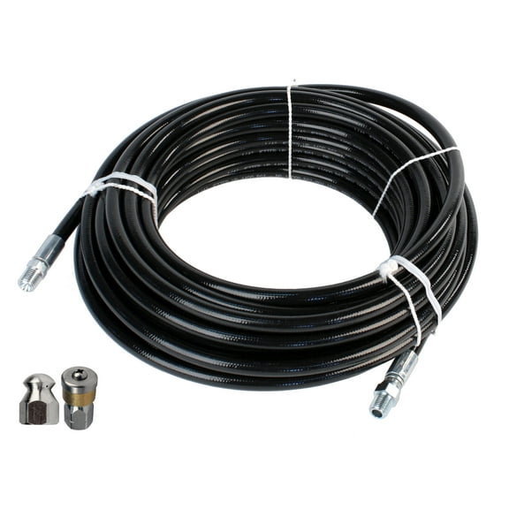Schieffer 1/4in. x 150ft. 4400 PSI Thermoplastic Sewer Jetter Hose & 5.5 Orifice Button Nose and 5.5 Rotating Nozzles