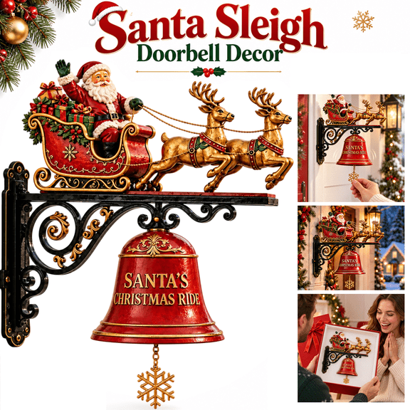 Christmas Santa Sleigh Reindeer Doorbell Decoration, Resin Front Door Christmas Decor with Hanging Bell, Vintage Holiday Wall Ornament for Entryway Porch, 8.66" x 5.51" x 2.76"
