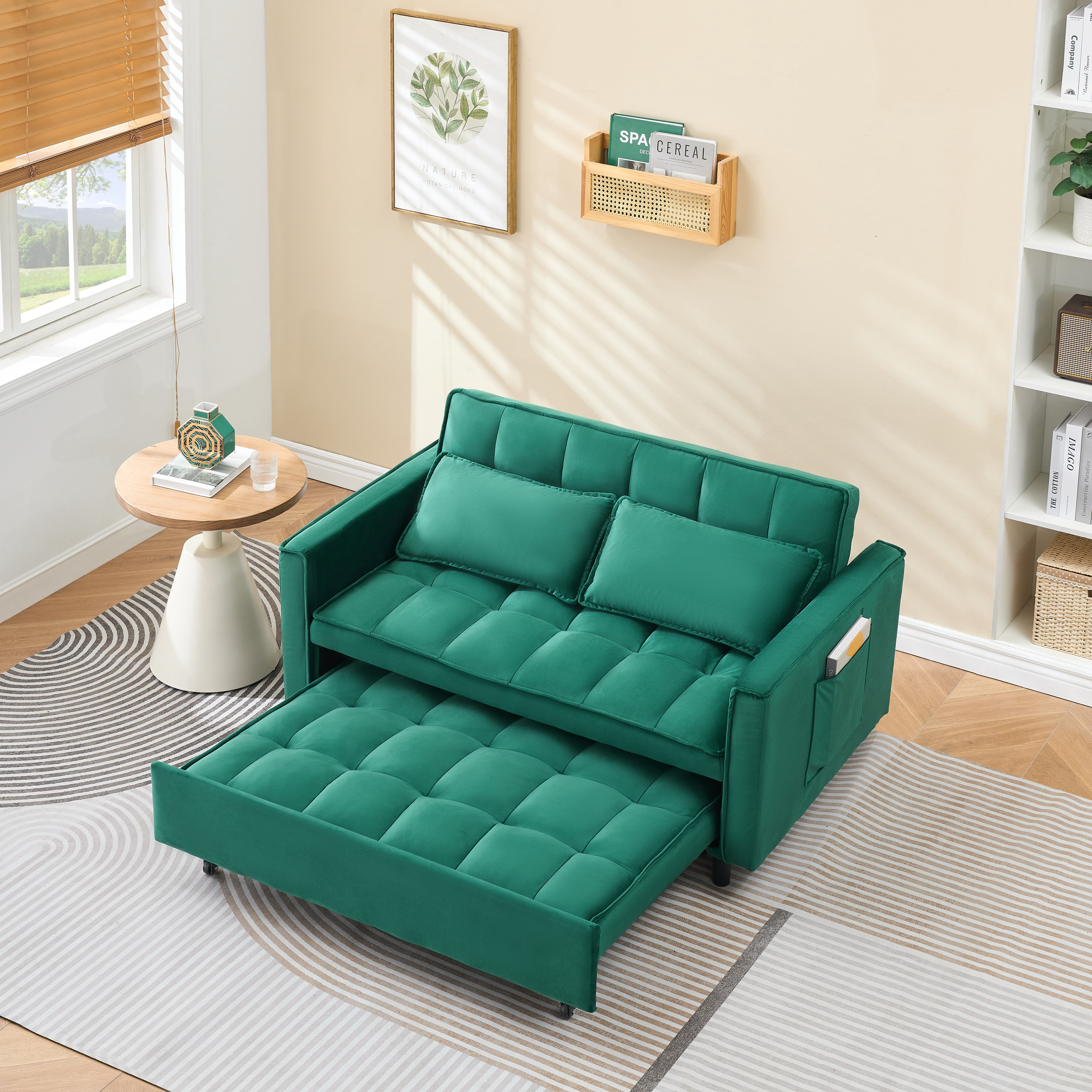 MAYEERTY 3 In 1 Convertible Sleep Sofa Bed, Pull Out Velvet Sleeper Sofa Small Loveseat, for Apartment, Living Room, Small Space, Green