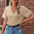 thumbnail image 2 of JGGSPWM Women's Guipure Lace Deep V Neck Crochet Deep V Neck Short Sleeve Shirt Colorblock Blouse Patchwork Top Summer Clothes Beige XL, 2 of 8