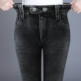 thumbnail image 4 of Dyfzdhu Fleece Lined Jeans for Women Imitation Denim High Waist Loose Thickened Warm Plush Straight Long Pants Stretch Black, 4 of 9