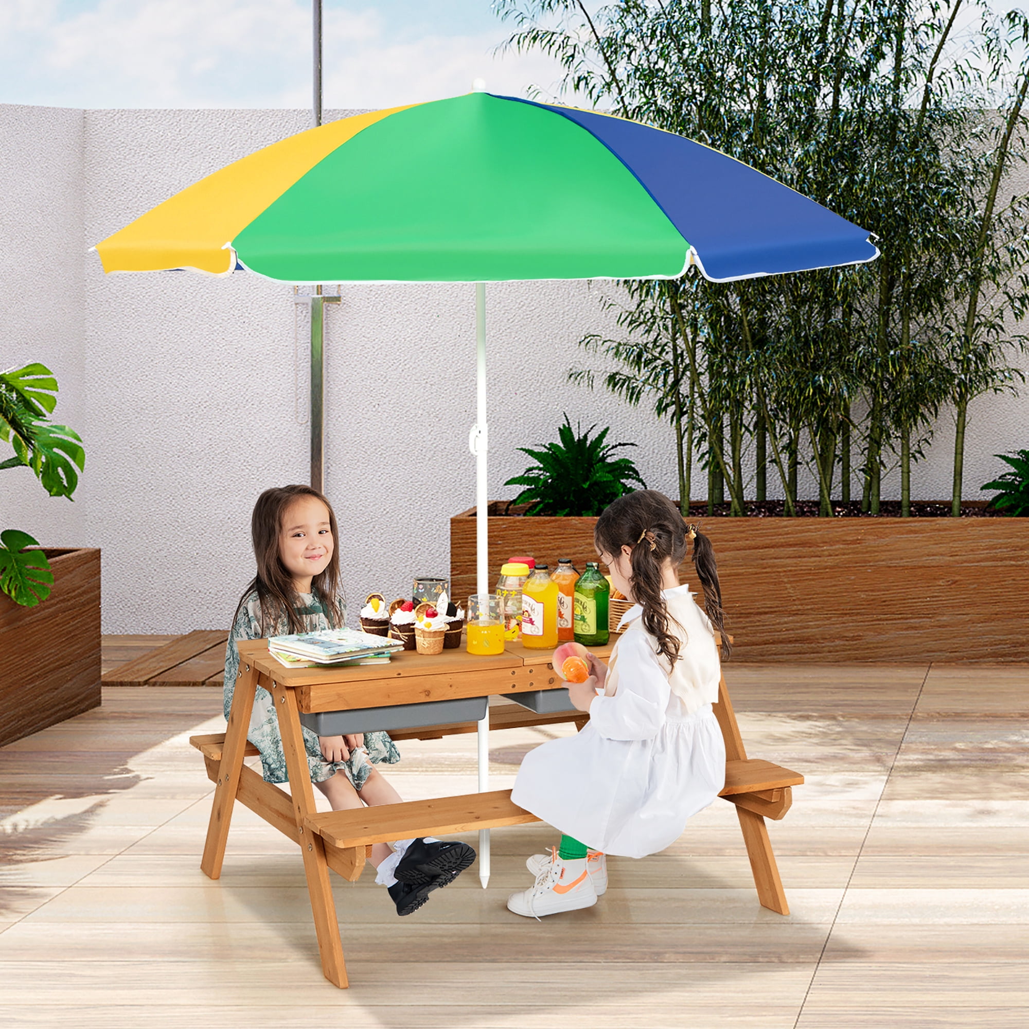 Costway 3-in-1 Kids Picnic Table Wooden Outdoor Sand & Water Table with Umbrella Play Boxes Green