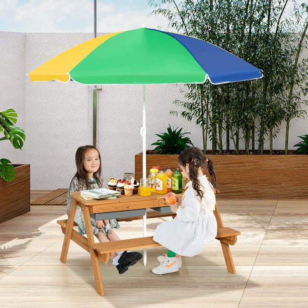 kids patio umbrella canada Martha Stewart Outdoor Craft Table, 2 Benches & Set: Acacia Wood Activity Desk w/ Storage, Kids Play Table & Bench for Backyard, Garden providing convenient space to store toys Goplus Children Outdoor 4 Seat