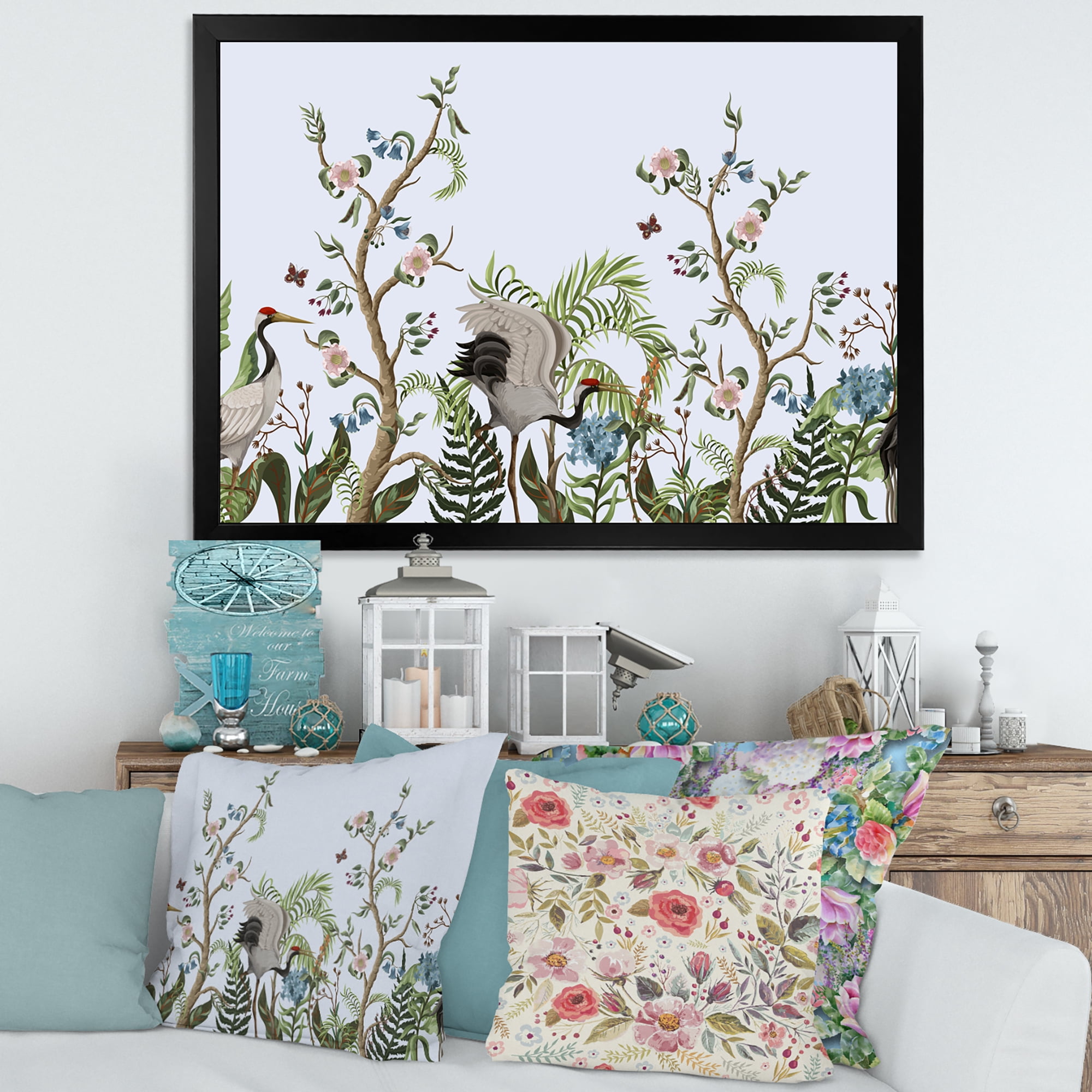 Designart 'Border With Peonies and Cranes In Chinoiserie Style' Traditional Framed Art Print
