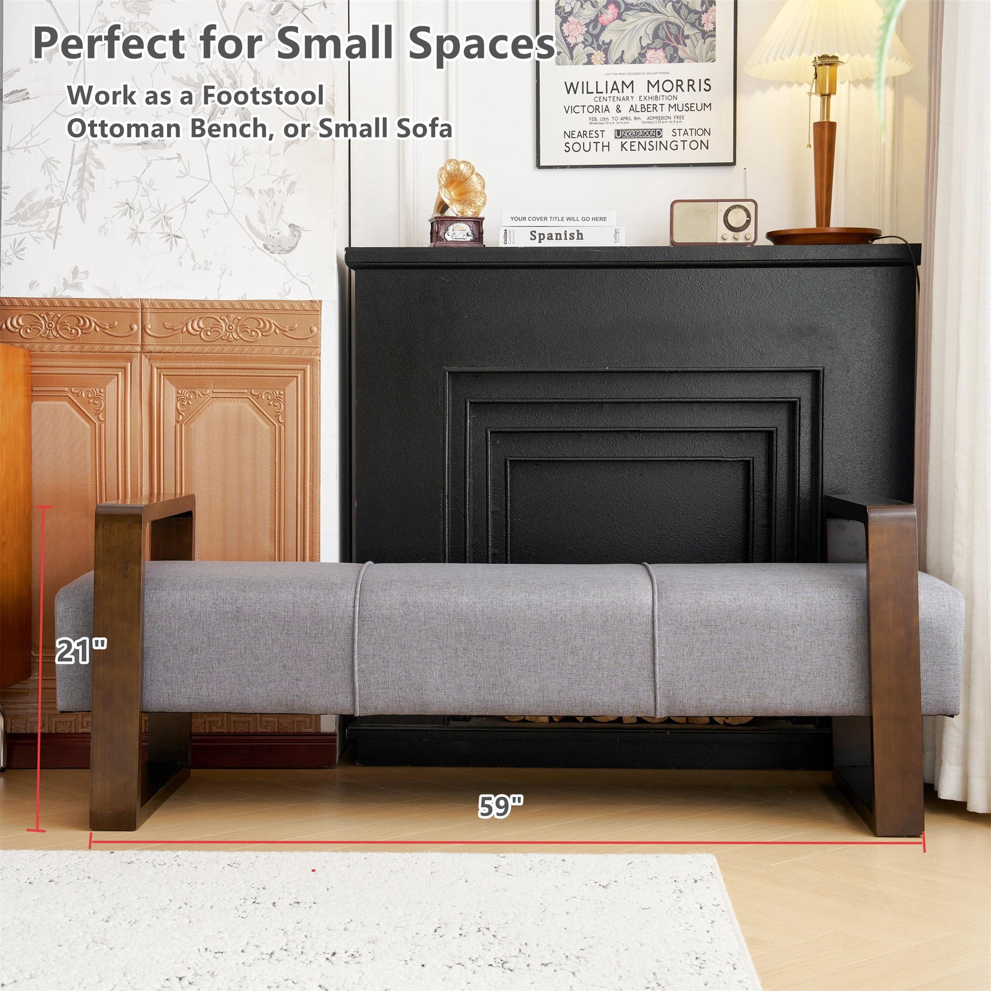 Aukfa 59" End of Bed Bench for Bedroom, Entryway, Wood Legs, Hollowed-out Arm, Gray