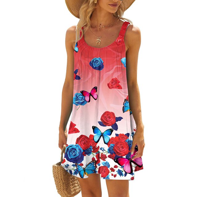 WILLBEST Robe avec S Femmes Robe d'Été de Plage Sans Manches Imprimée Décontractée Bord de Mer Mini Robe