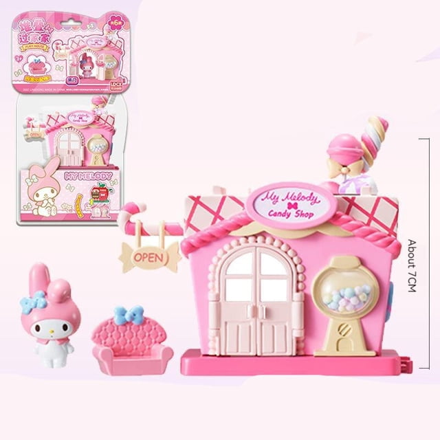 Sanrio-CASA DE JUEGOS DE Hellokitty Kuromi para niños, juguetes de empalme apilables, vista de la calle, Cinnamoroll, adornos, regalos