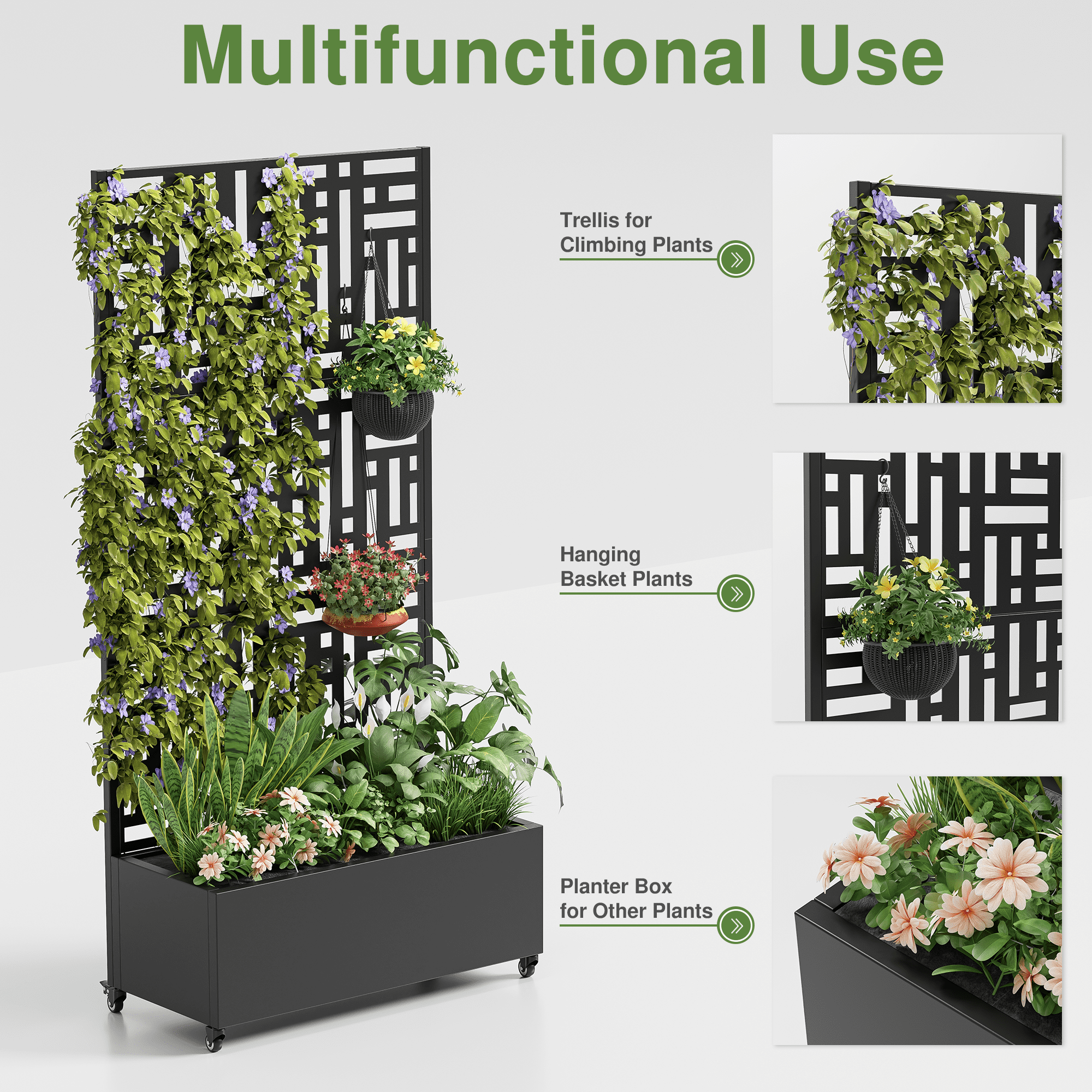 MAYEERTY 72x35x16 Inch Black Metal Rectangular Planter Box with Trellis for Street, 5 Piece Set