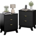 thumbnail image 3 of Night Stand Set 2, Bedside Table & End Table, Mid Century Modern Fluted Wood Nightstand with 3 Drawers & Metal Handles, Farmhouse Nightstand for Bedroom, Black, 3 of 9