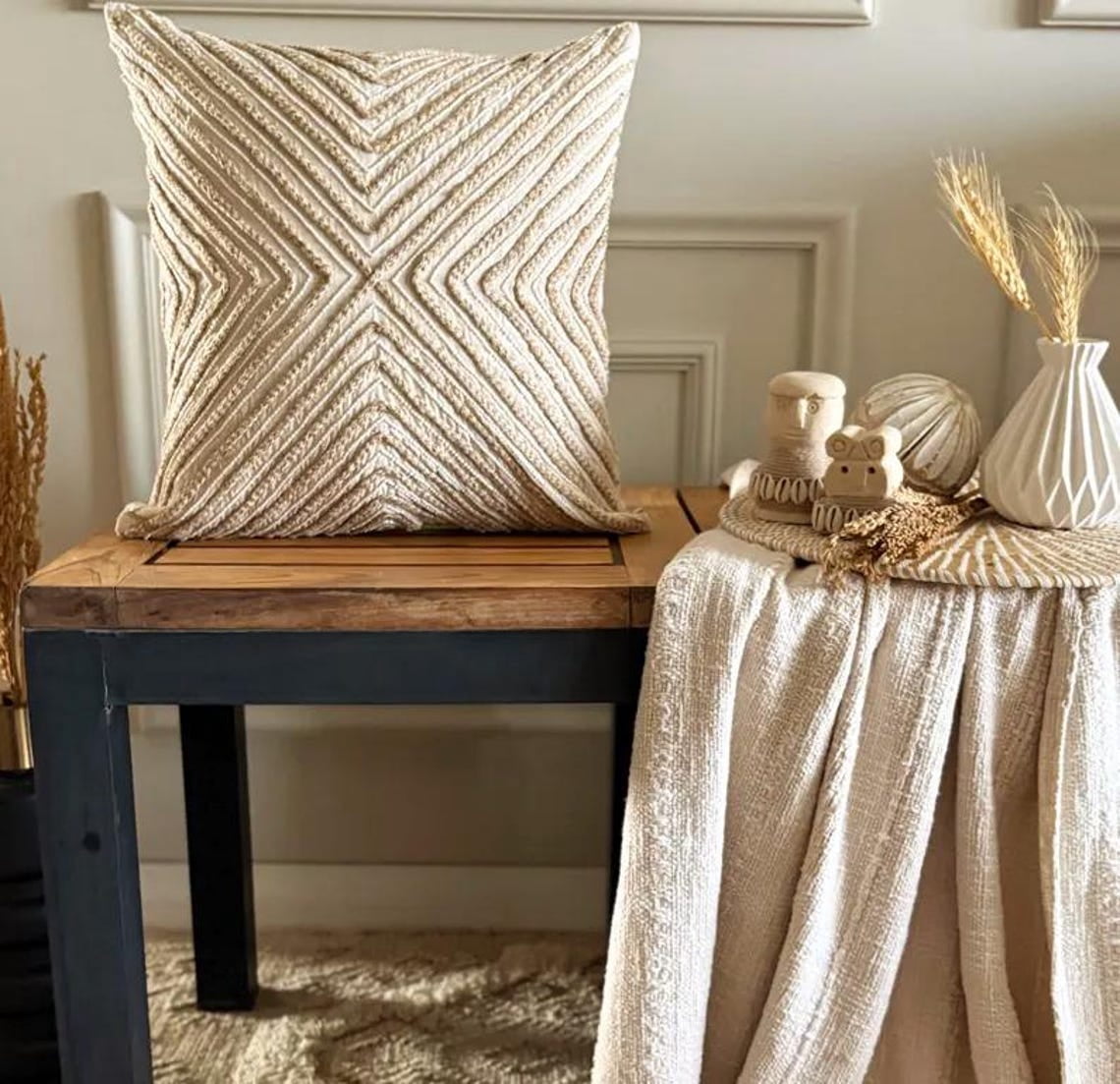 The HomeCentric Decorative Beige 14"x14" (35x35 cm) Throw Pillows, Linen Lace & Jute Throw Pillows For Couch, Geometric Pattern Modern Style - Jutee Love
