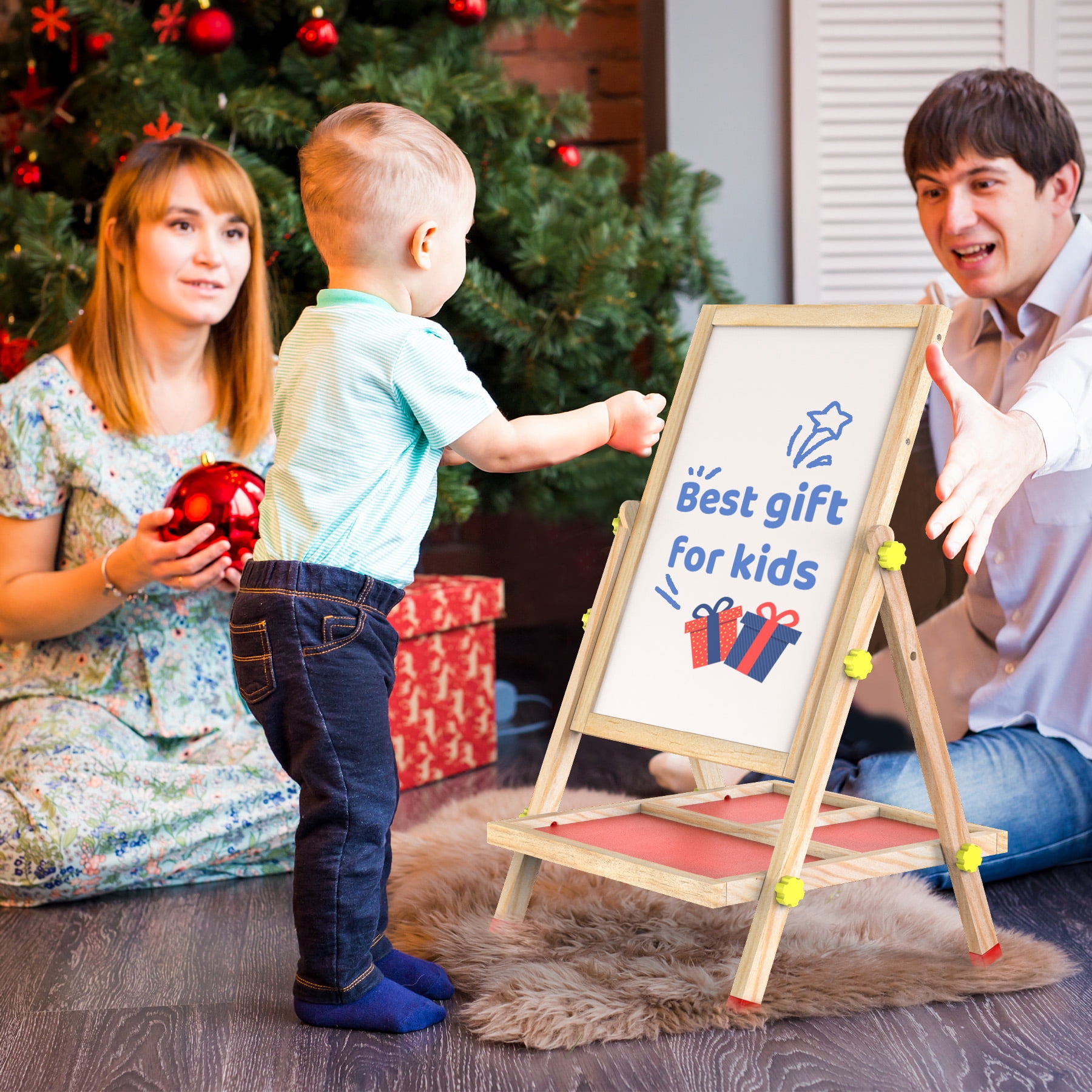 JOYOOSS 3-in-1 Kids Easel with Chalkboard & Whiteboard, Wooden Toddler Art Easel for Ages 4-12, Adjustable Magnetic Drawing Board with Markers & Eraser 105-Natural
