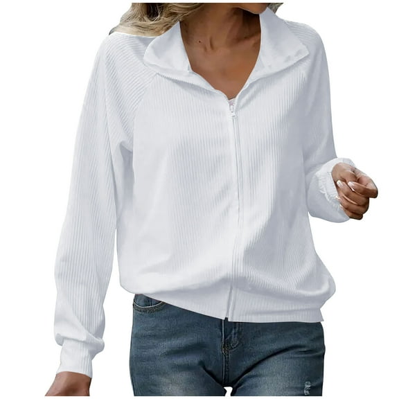 GigrtiJin Women's Long Sleeved Lapel Coat Casual Solid Color Loose Zipper Jacket Fashion Comfy Lightweight Coats